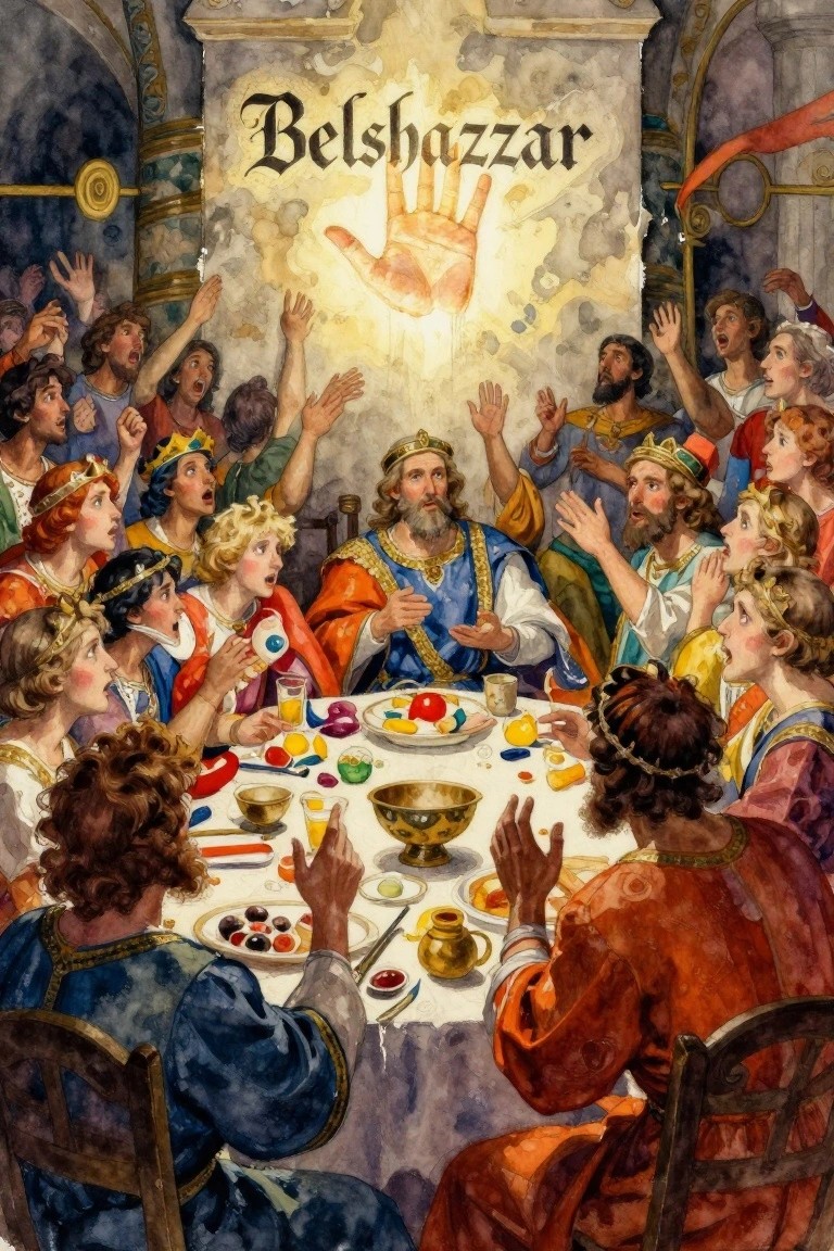 Detailed illustration of King Belshazzar and nobles reacting in horror to a glowing hand writing on a palace wall above their banquet table.