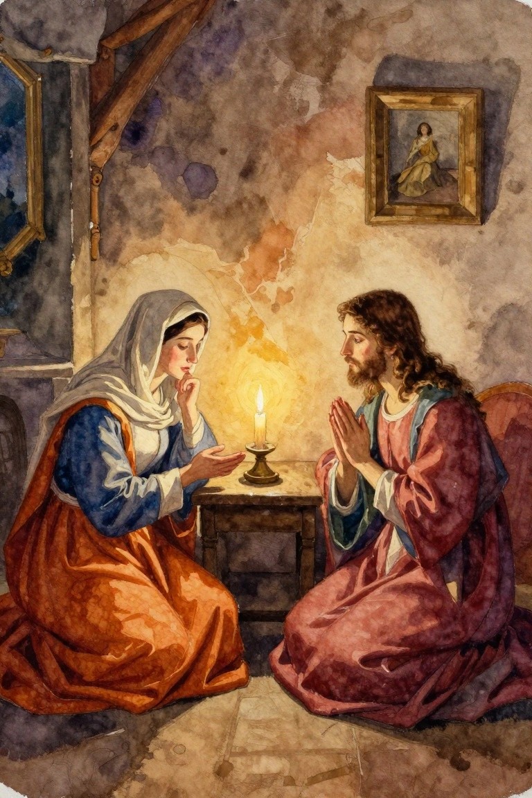 Watercolor-style painting of Mary and Jesus kneeling in prayer next to a lit candle in a dimly lit room with wooden beams and a small portrait on the wall.