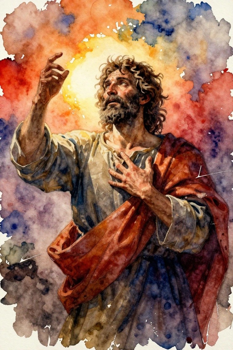 Watercolor portrait of bearded Jesus in robes raising one hand to glowing light above while touching his chest, amid red-orange-purple cloud swirls.