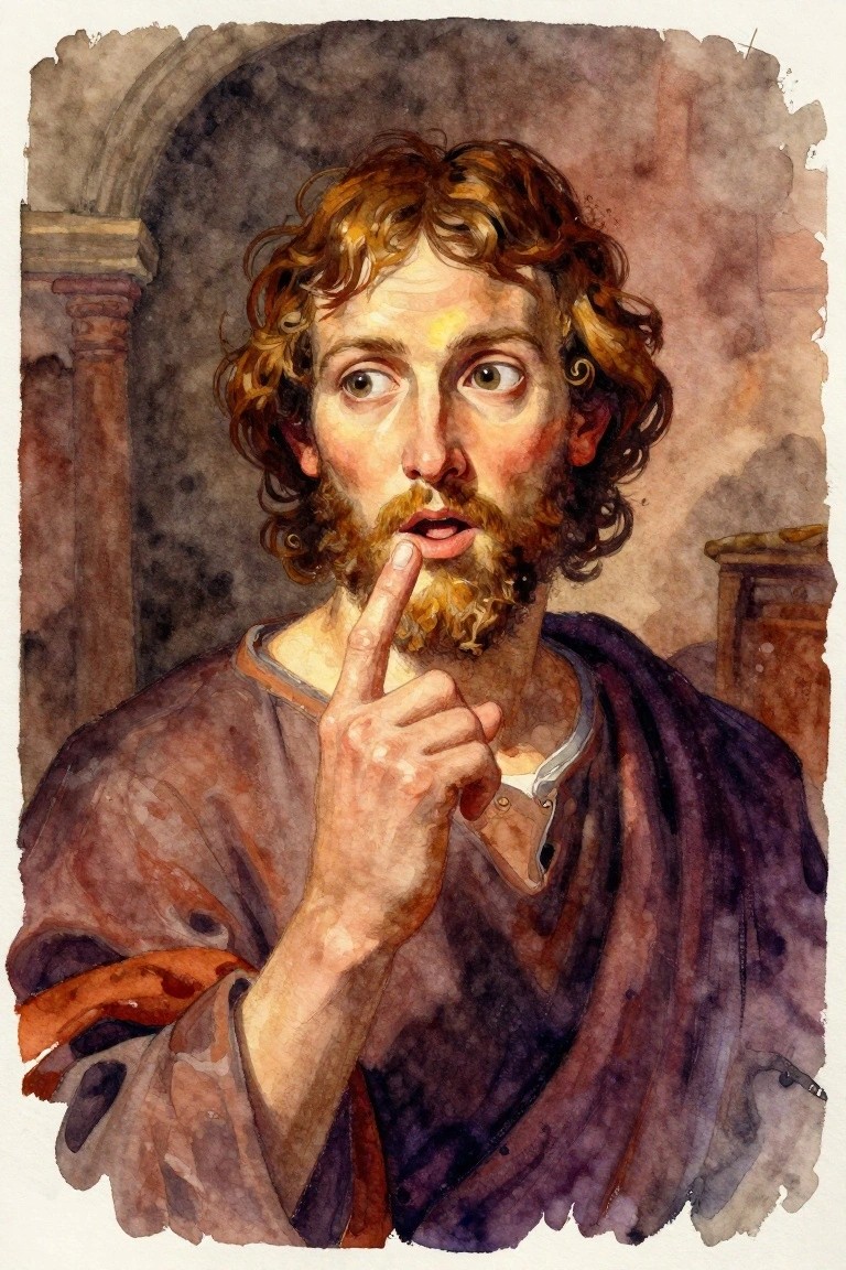 Watercolor portrait of a bearded man resembling Christ, finger to lips, in robes against a dimly lit arched interior.