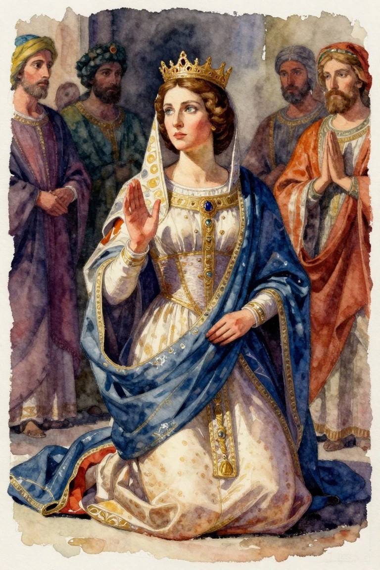 Crowned woman in white gown and blue mantle kneels with raised hand in a biblical scene, surrounded by four men in colorful Persian robes.
