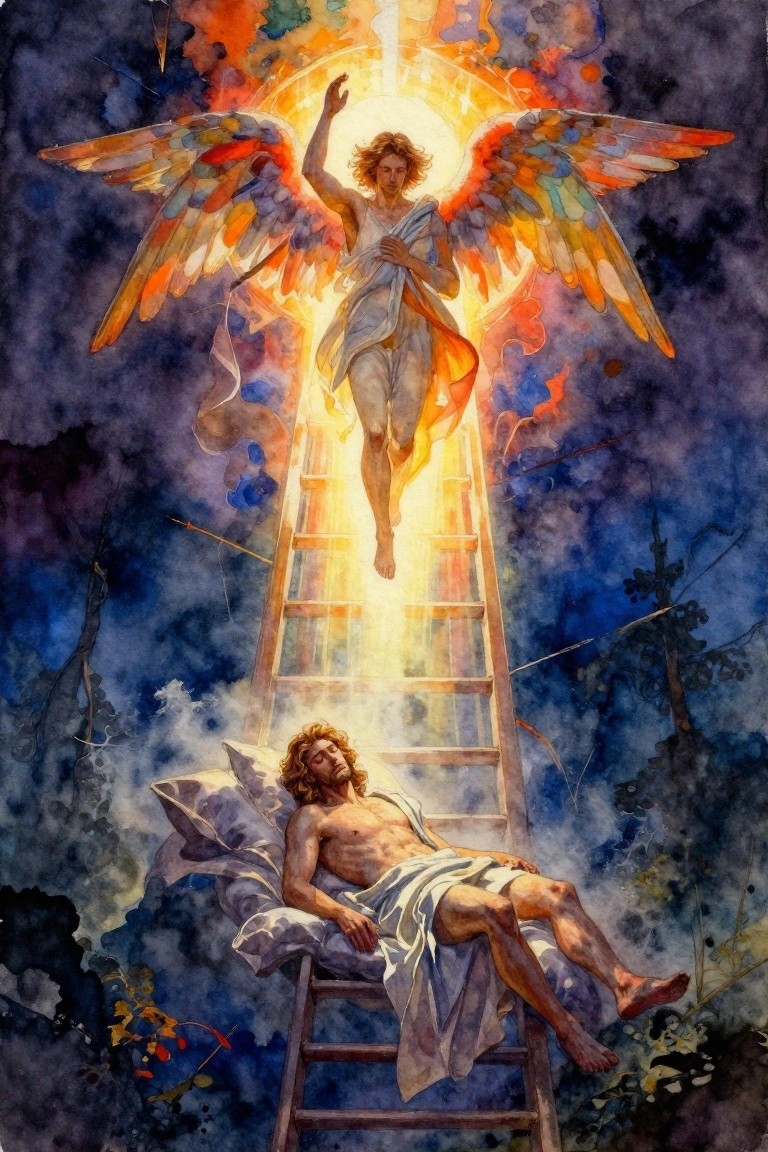 Painting of a long-haired man asleep on a cloth at the base of a wooden ladder rising to a winged angel in glowing light against a dark forest background.