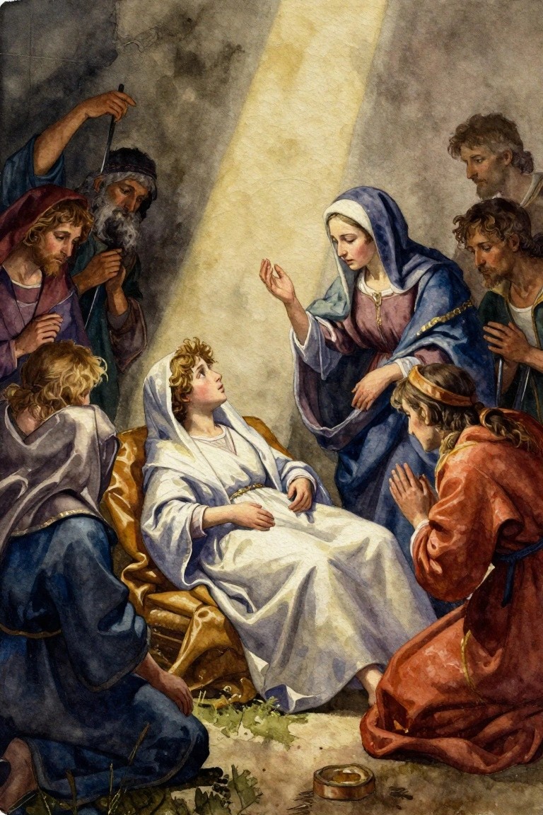 Watercolor painting of Jesus in blue robes raising a young girl from a bed in a dark cave-like space with mourners kneeling around under a beam of light from above.