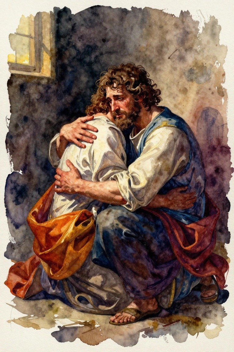 Watercolor of a robed bearded man embracing a kneeling figure in white robes inside a dimly lit room lit by a window.