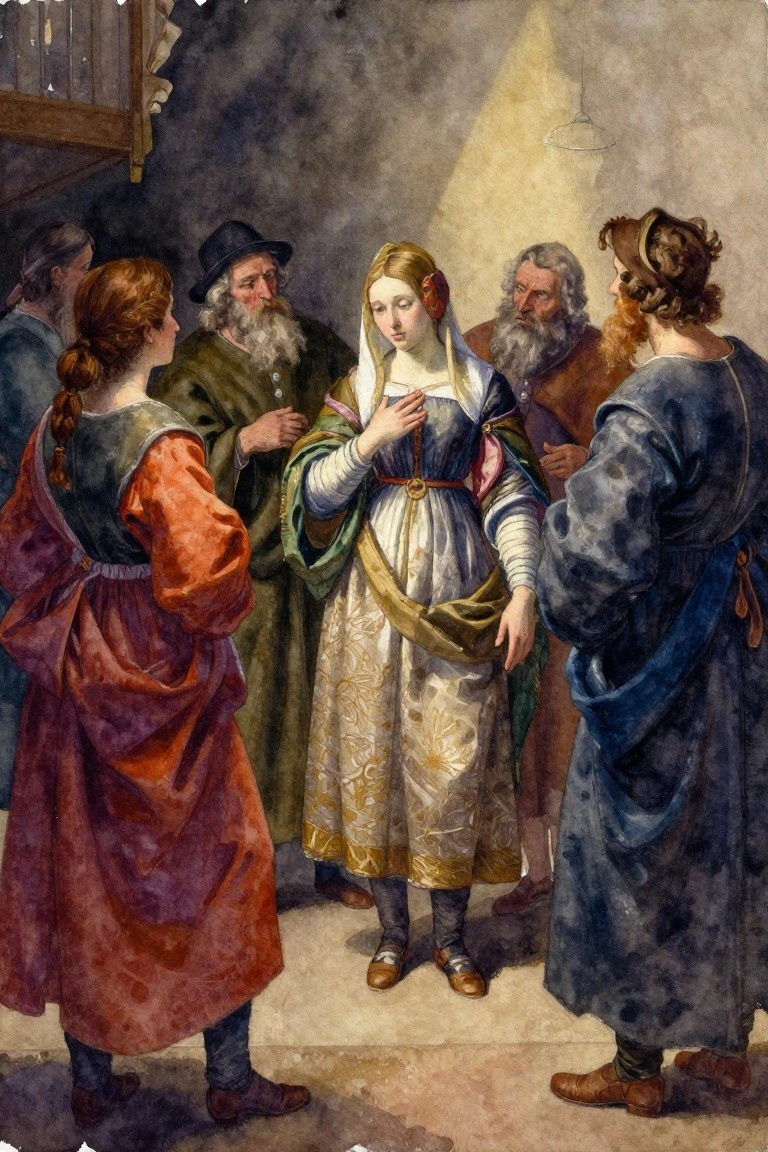 Watercolor-style painting of a central veiled woman in a white and gold dress holding a letter, surrounded by five robed bearded men under dramatic overhead lamp light in a dark room.