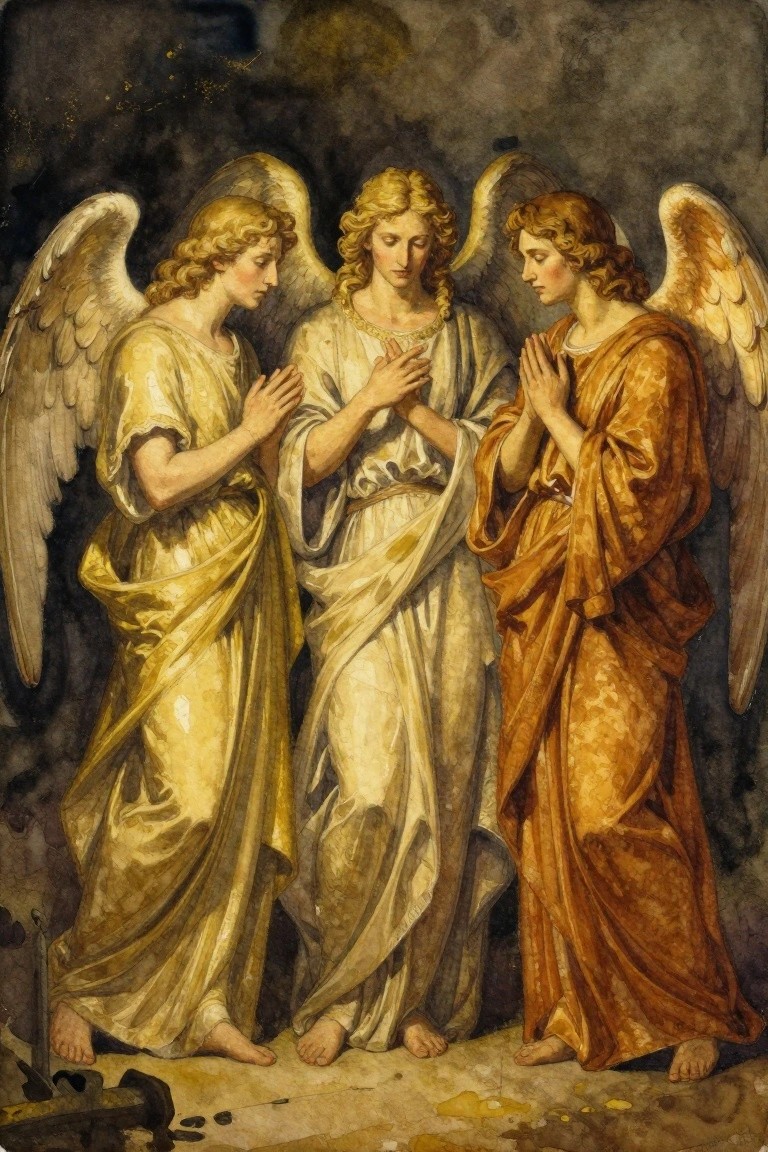 Three winged angels with clasped hands in prayer wear flowing robes in gold, white, and orange tones against a dark background with an anvil, hammer, and nails below.