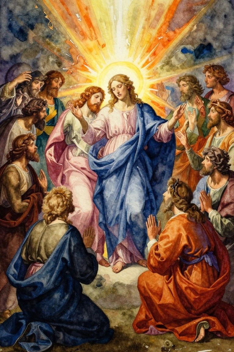 Watercolor painting of Jesus transfigured and glowing between Moses and Elijah above kneeling apostles, with golden light rays emanating from a central halo.