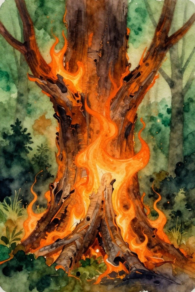Watercolor of a tall tree with orange flames rising from trunk and branches amid green forest.