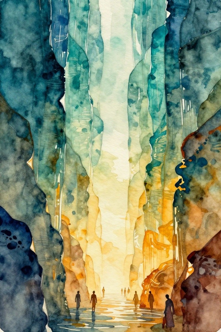 Watercolor of tall jagged blue-green cliffs framing a central glowing path with small robed figures walking toward warm light.