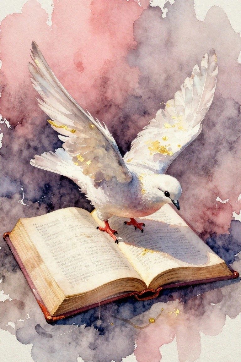 White dove with gold wing accents stands on an open Bible with pink-purple watercolor background.