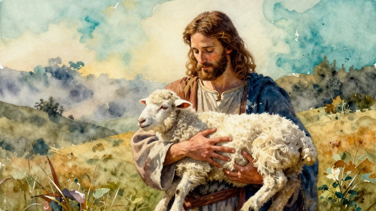 Watercolor painting of Jesus in robes walking hand on a white sheep through golden fields with trees and sky in the background.