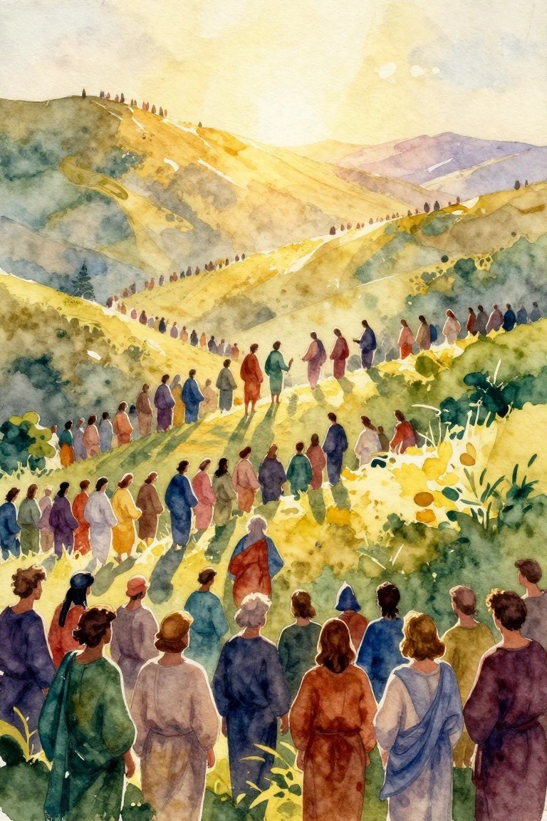 Watercolor of Jesus in white leading disciples in a line up a golden winding path through green hills under warm sunlight.