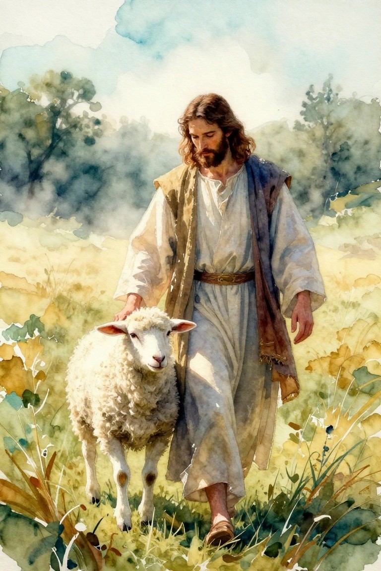 Watercolor painting of Jesus in robes walking hand on a white sheep through golden fields with trees and sky in the background.