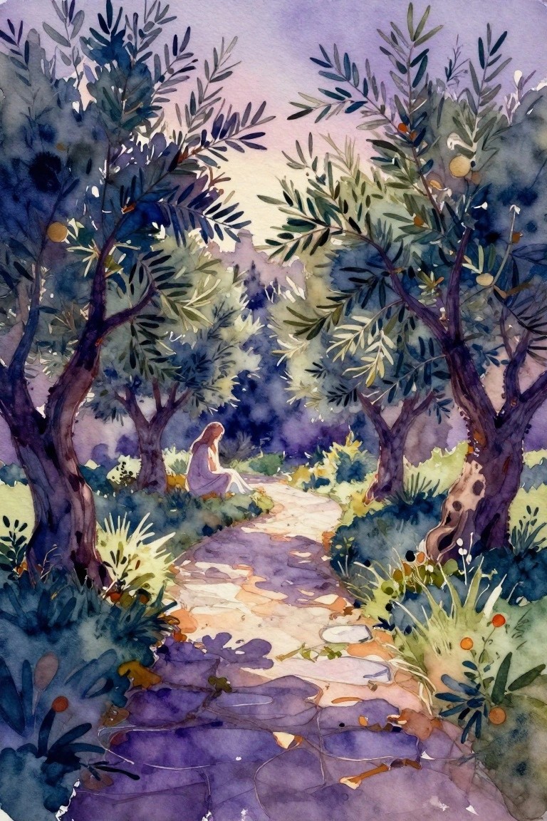 Watercolor of olive trees arching over a stone path at dusk, with a woman in white sitting on the ground nearby.