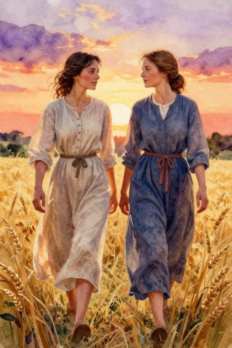Watercolor of two women in white and blue dresses walking through wheat field at sunset with purple-orange sky.
