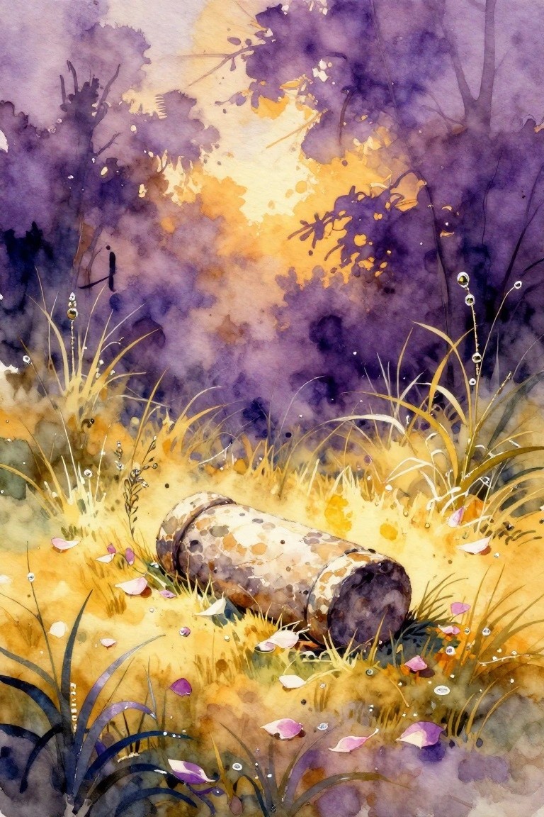 Watercolor of a mossy log in golden grass with pink petals and dew, amid tall reeds under purple trees and golden light rays.