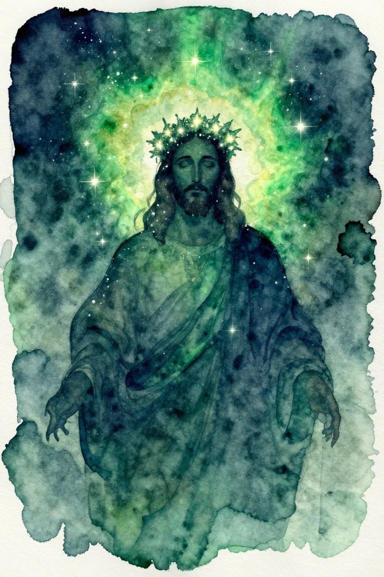 Watercolor portrait of Jesus Christ with glowing green starry crown and cosmic background in blues and greens.