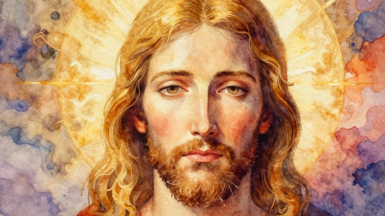 Watercolor portrait of Jesus with closed eyes, long wavy hair, beard, white robe, and glowing golden halo on blended blue-orange background.