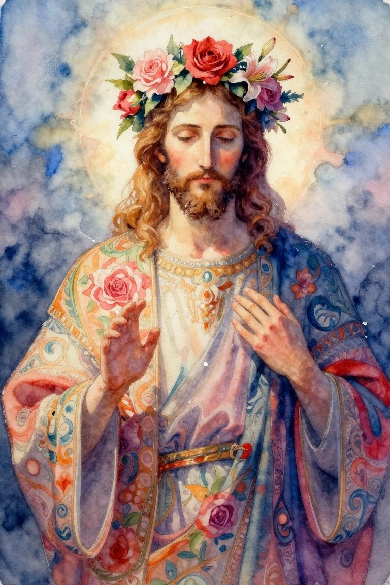 Watercolor portrait of Jesus wearing a crown of roses and lilies, ornate floral-embroidered robes, hands over heart, with a golden halo on blue background.