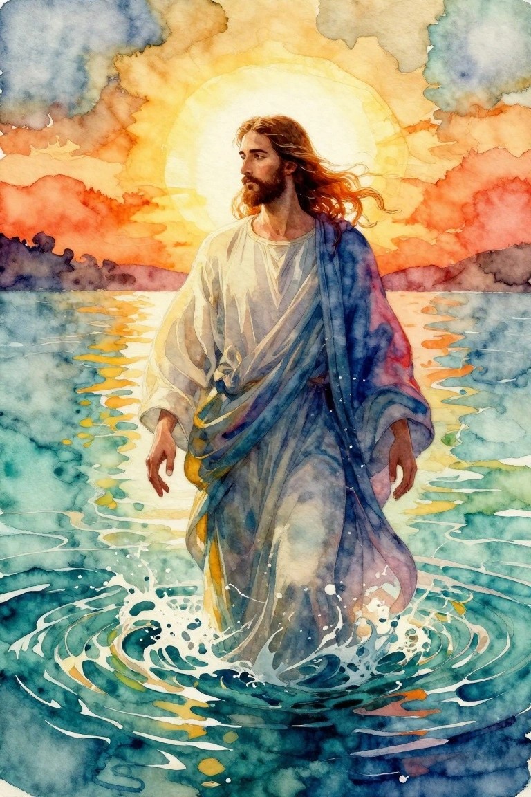 Watercolor portrait of Jesus in white robe and blue sash walking into rippling blue water with sunset sky and golden light behind him.