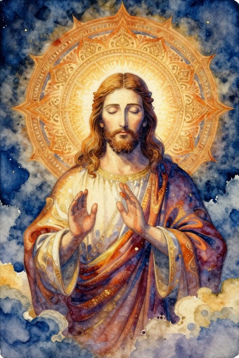 Watercolor portrait of Jesus with long hair and beard, golden mandala halo, prayer hands, ornate robes, and blue cloudy background.