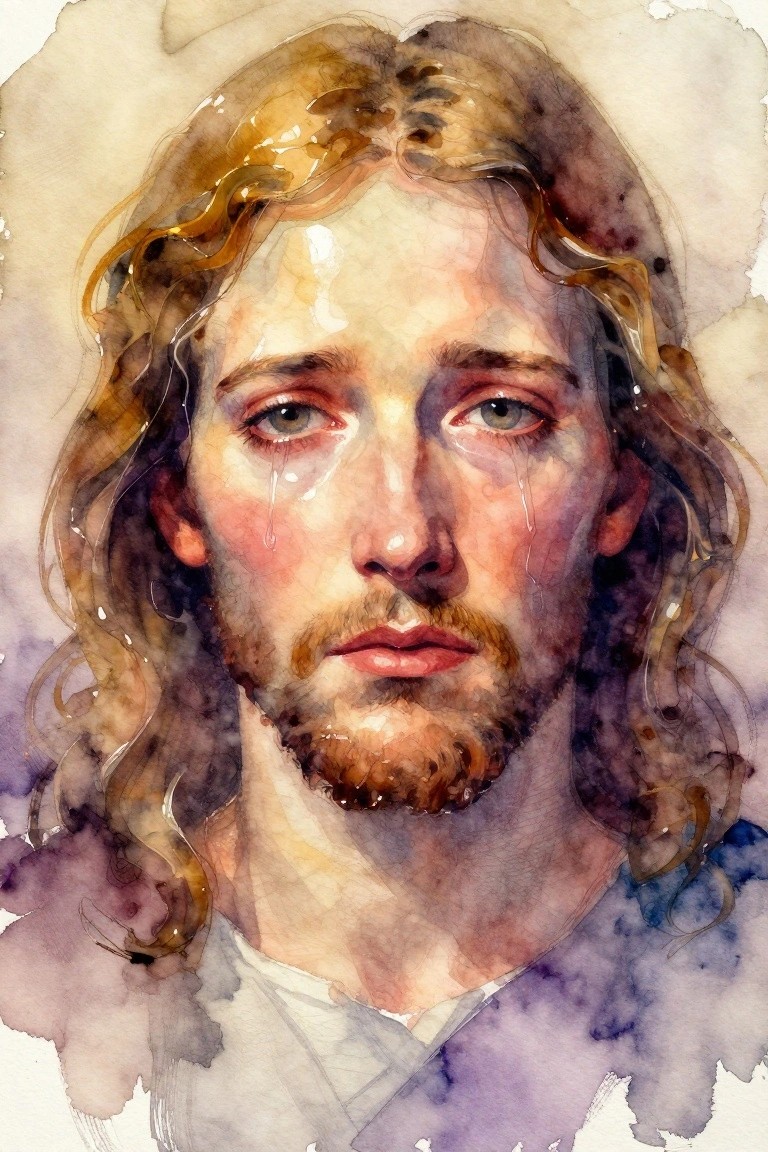 Watercolor close-up portrait of Jesus with tears, long hair, beard, and soft purple-gold background.