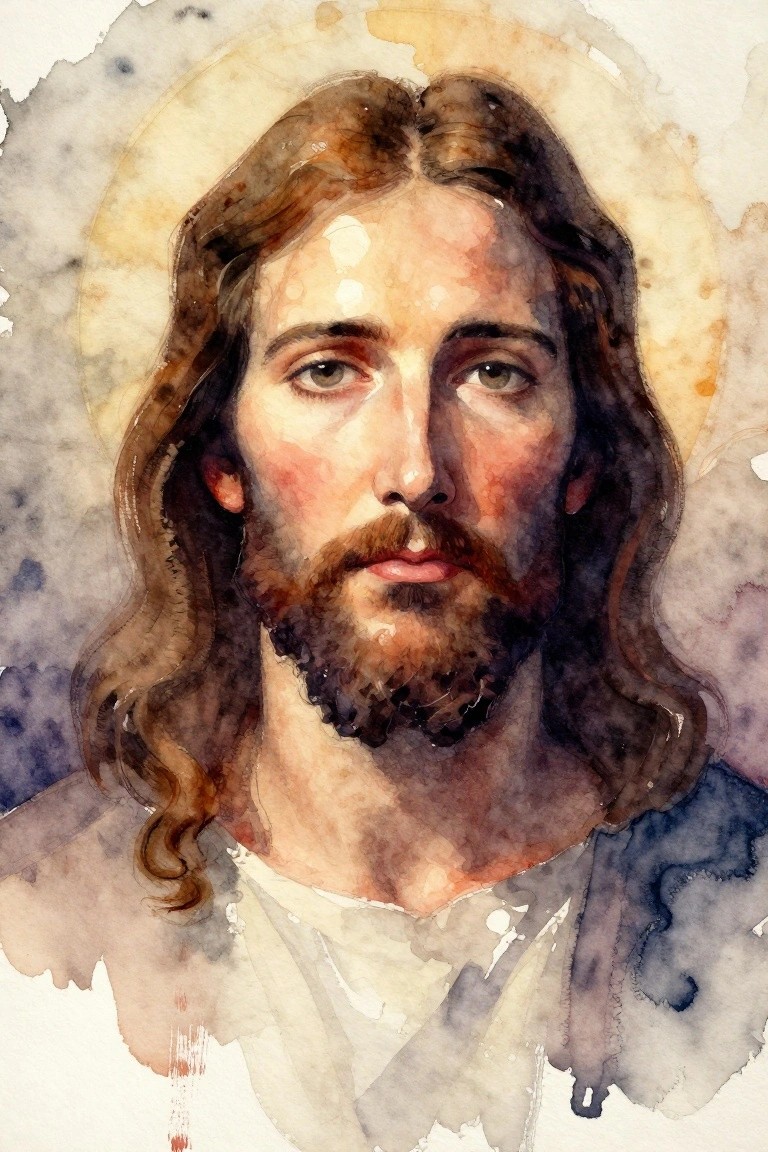 Watercolor portrait of Jesus with long brown hair, beard, halo, and robe in soft blended tones.