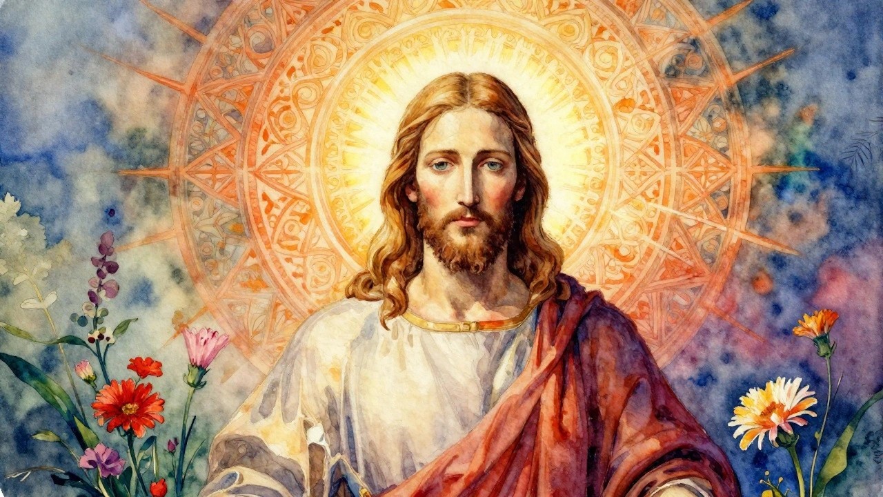 Watercolor portrait of Jesus with long hair and beard, closed eyes, golden mandala halo, and colorful flowers clustered around his chest on a blue background.