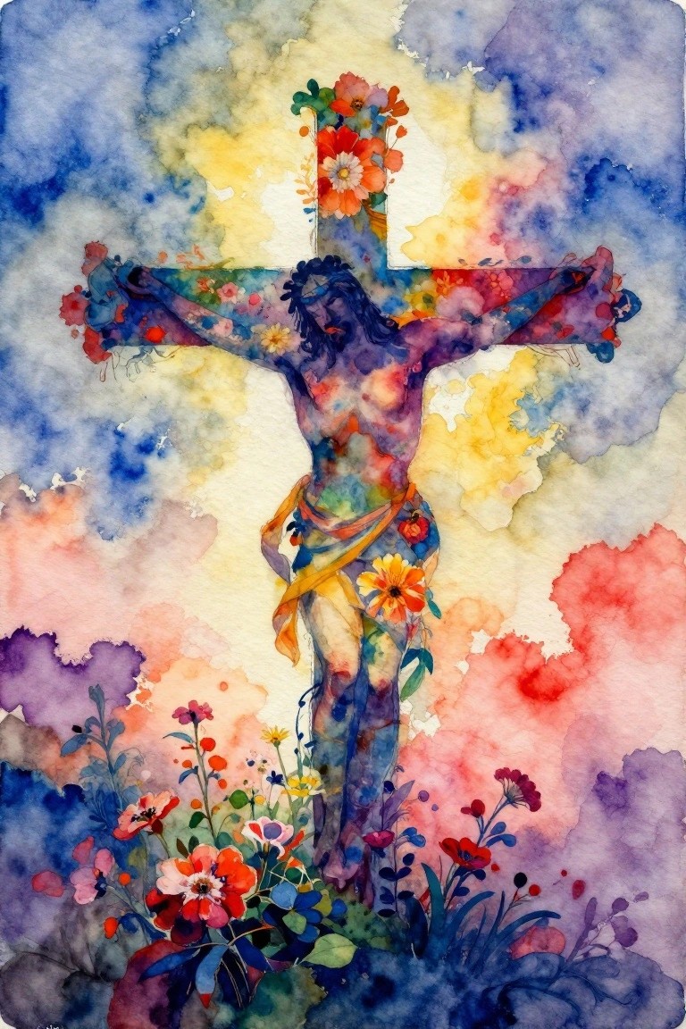 Watercolor of Jesus on a cross with body and structure covered in colorful flowers against a cloudy sky with more flowers below.