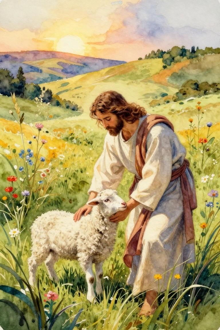 Watercolor of Jesus in white robes petting a white lamb amid wildflowers in a green meadow with sunset hills behind.