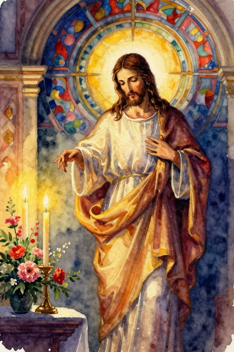 Watercolor painting of Jesus in white robes extending a hand toward candles and flowers on an altar, with a colorful stained glass window behind him in a stone archway.