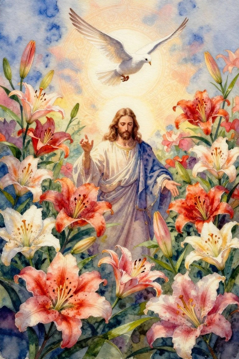 Watercolor of Jesus Christ in white robe and blue cloak standing among colorful lilies, with a white dove and glowing sun above.