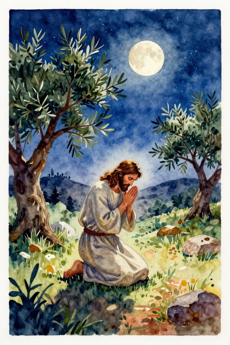 Watercolor painting of Jesus kneeling with clasped hands in prayer, surrounded by olive trees under a full moon and starry night sky.
