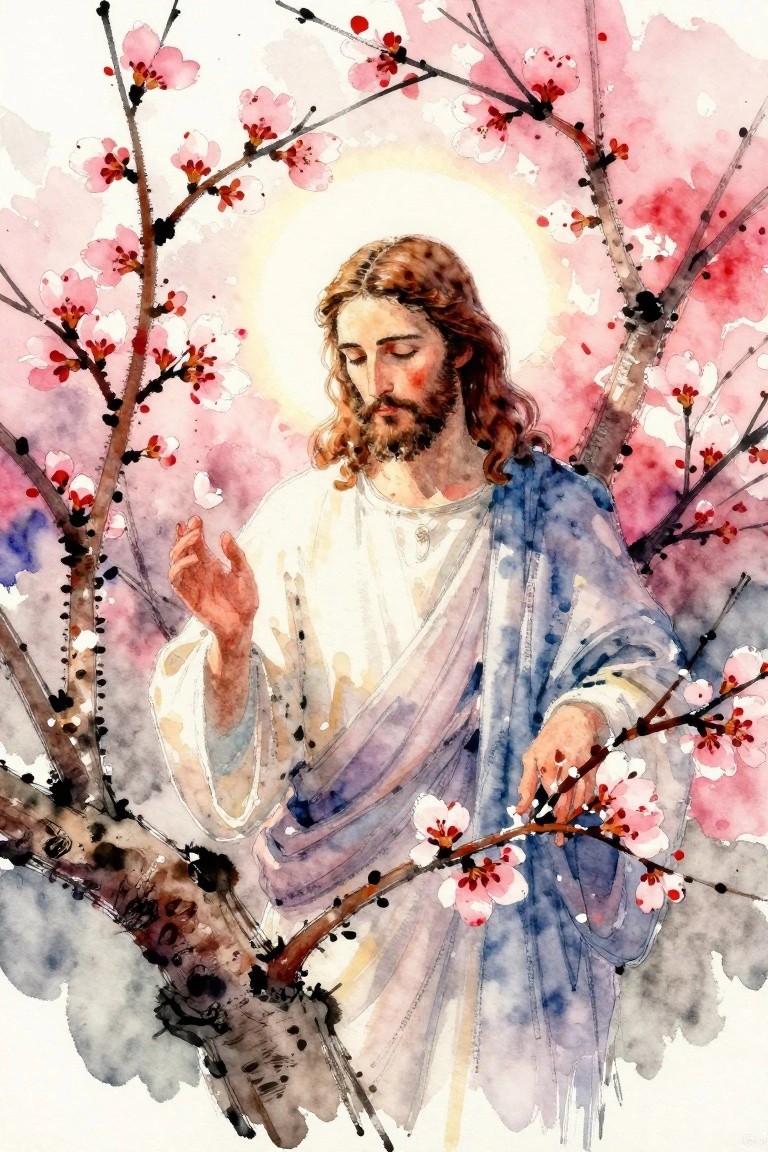 Watercolor painting of Jesus Christ surrounded by pink cherry blossom branches, holding and touching blooms with a glowing halo behind his head.