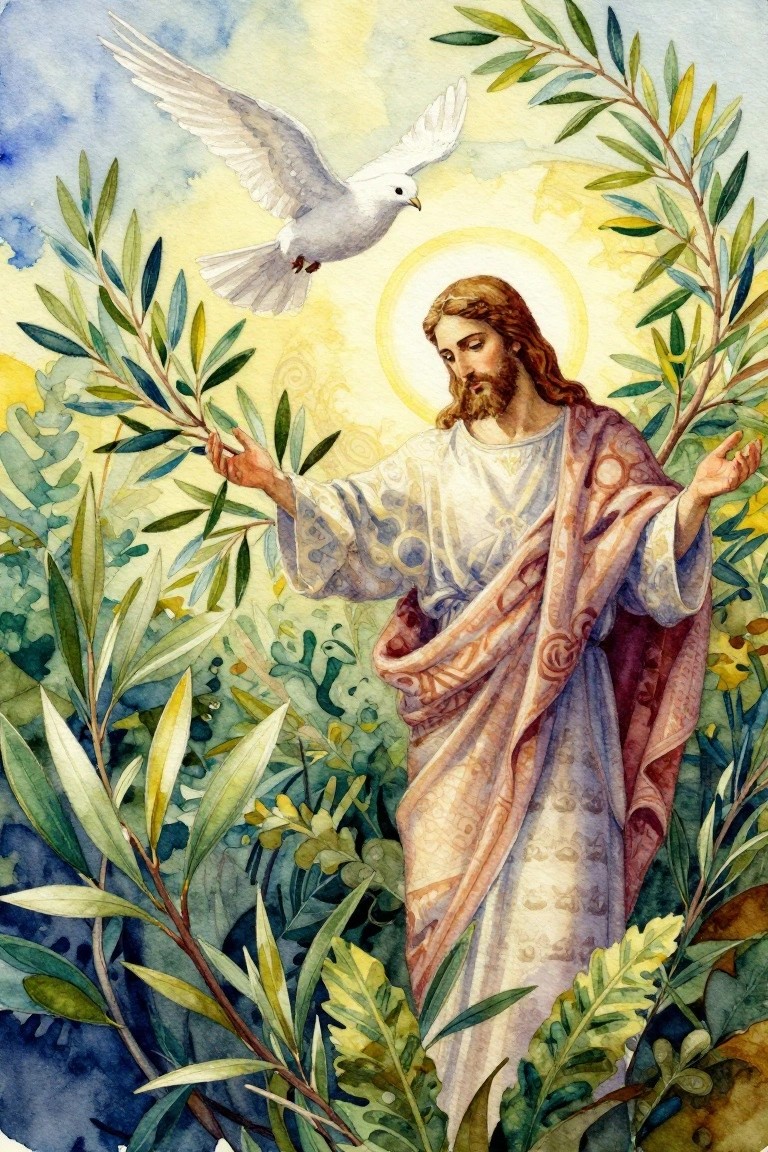 Watercolor of Jesus with halo and outstretched arms surrounded by olive branches and greenery, white dove flying above.