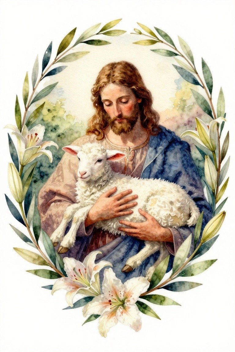 Watercolor-style portrait of Jesus holding a white lamb inside an oval frame of olive branches and white lilies.