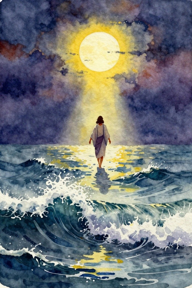 Watercolor of Jesus in a white robe walking on dark wavy water under a large yellow full moon in a purple stormy sky.