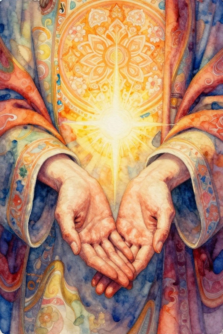 Watercolor artwork of expressive hands in ornate multicolored robes holding a bright golden mandala starburst.