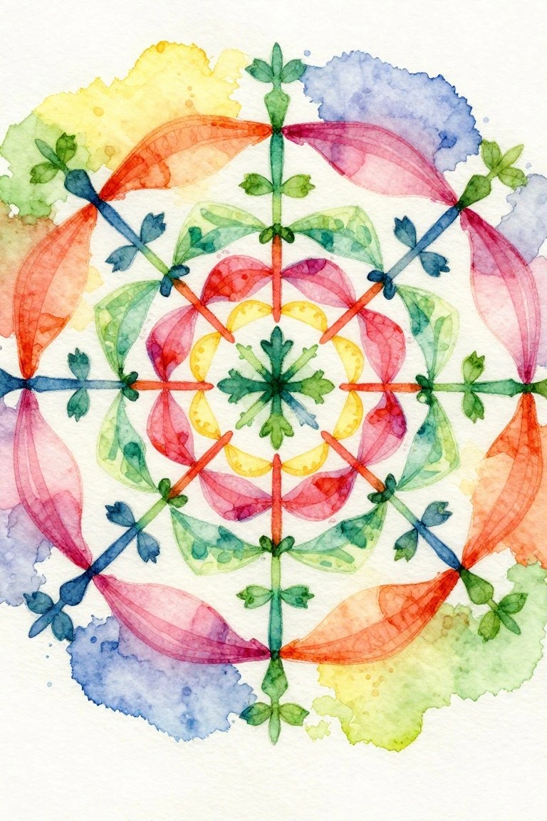 Watercolor mandala with symmetrical dragonfly wings and leaves in vibrant rainbow colors on white background.