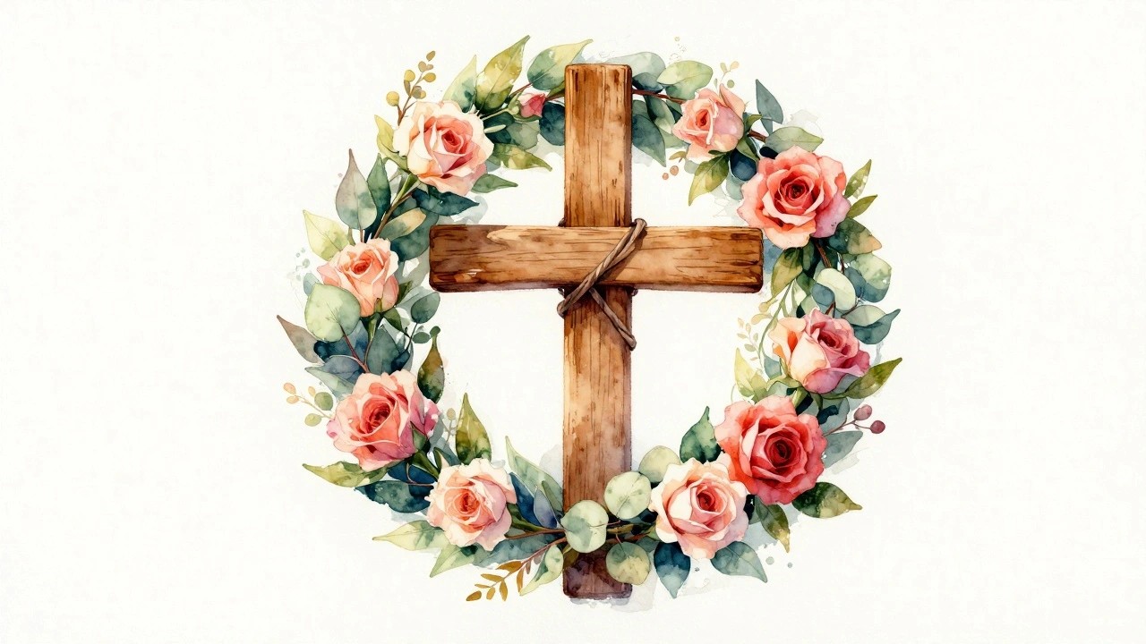 Watercolor illustration of a wooden cross covered in pink, white, and red roses with green eucalyptus leaves on a white background.