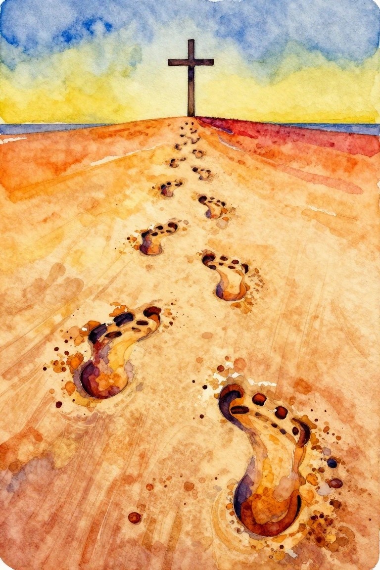 Watercolor of footprints in sand leading uphill to a cross by the ocean at sunset.