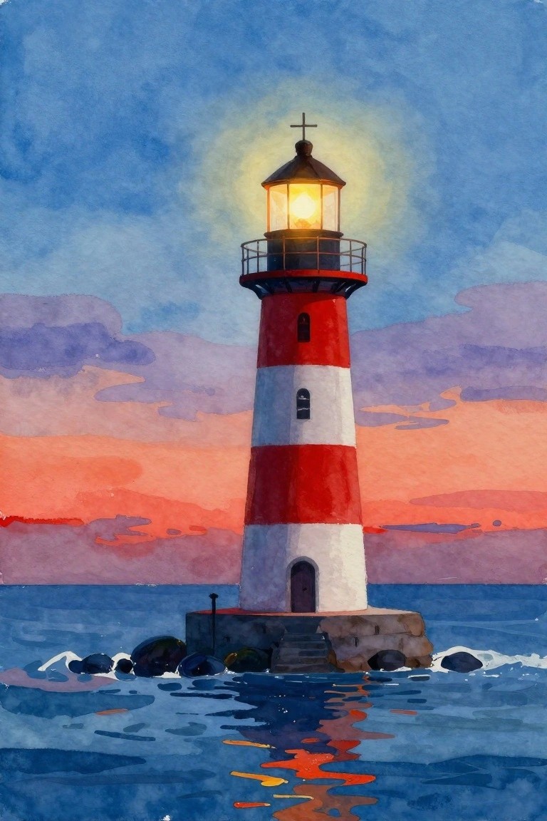 Watercolor-style painting of a red-and-white striped lighthouse with glowing lantern and cross on rocks by the sea at sunset.