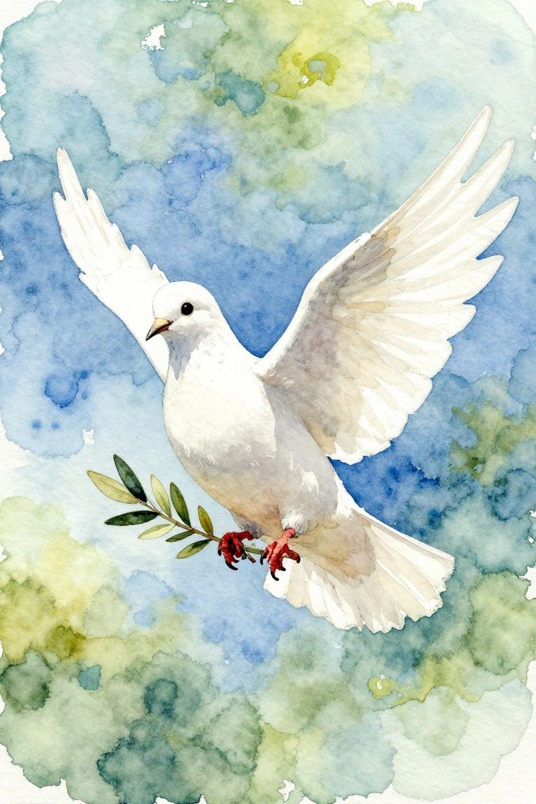 White dove flying with olive branch in beak on watercolor sky of blues, greens, and yellows.