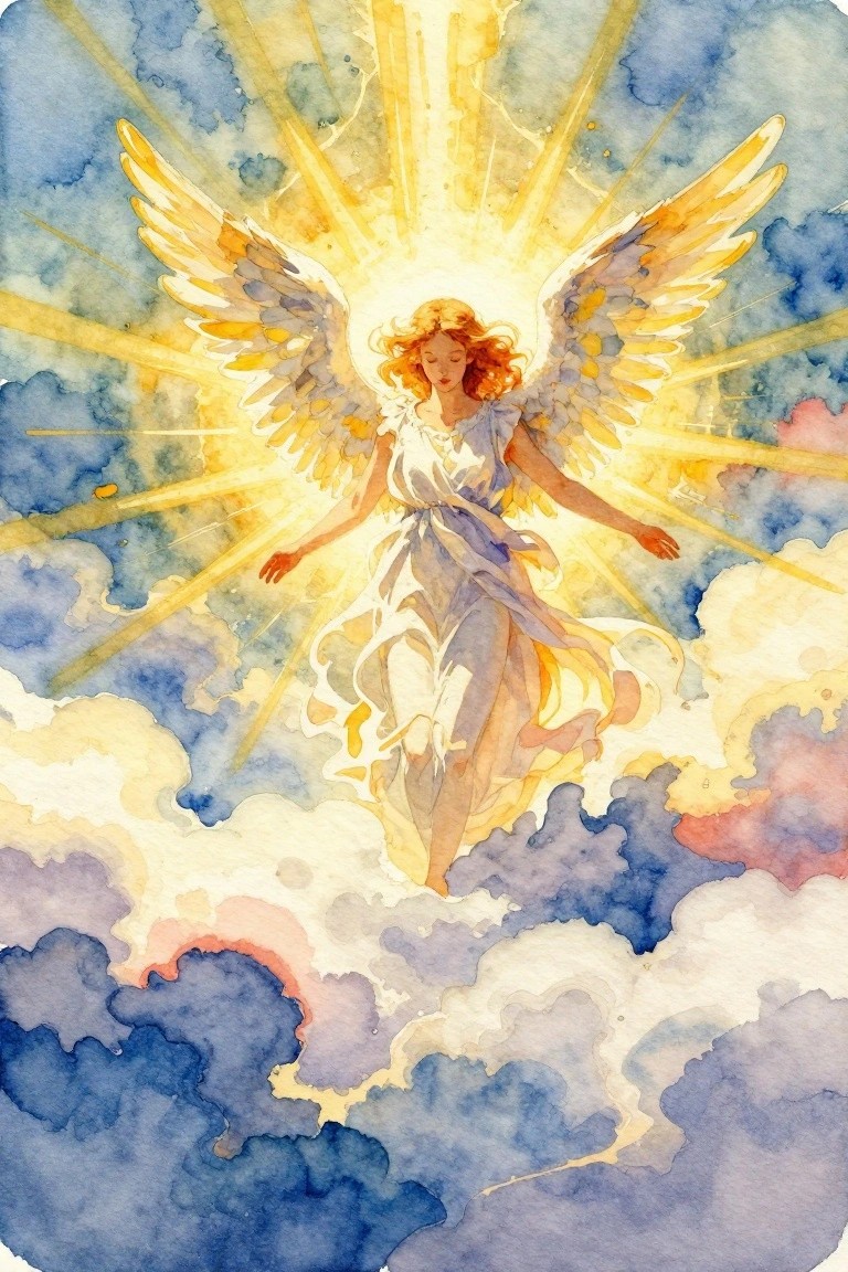 Watercolor-style painting of a glowing red-haired angel with white wings outstretched amid blue clouds and golden light rays.