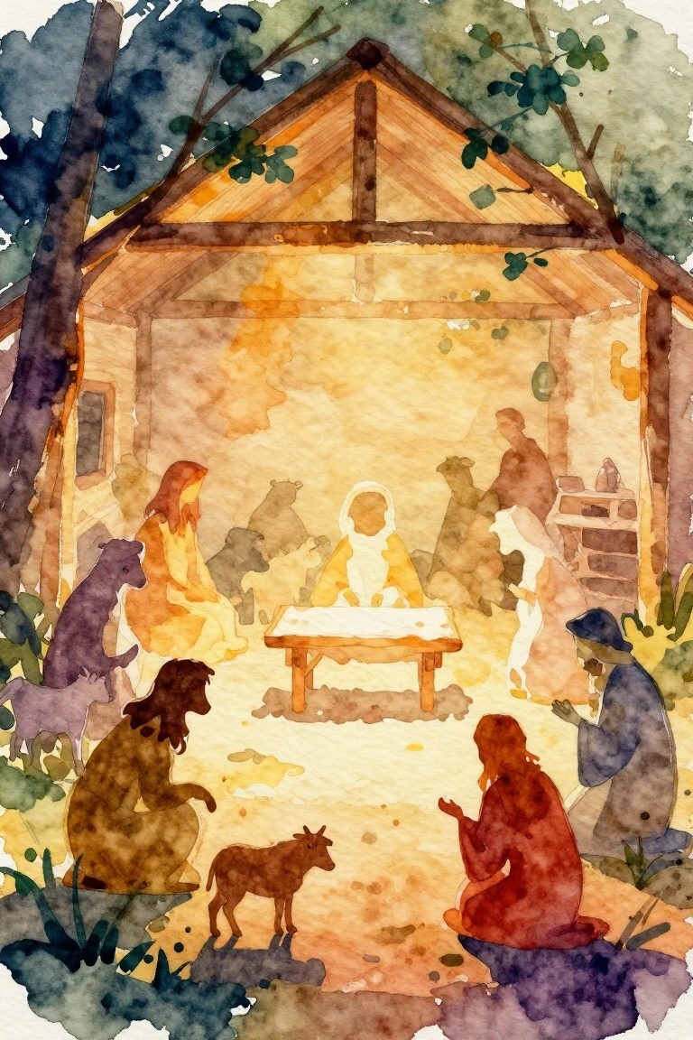 Watercolor painting of a Nativity scene with Mary, Joseph, baby Jesus on a table, animals, shepherds, and wise men seated around in a wooden shelter amid trees and plants.