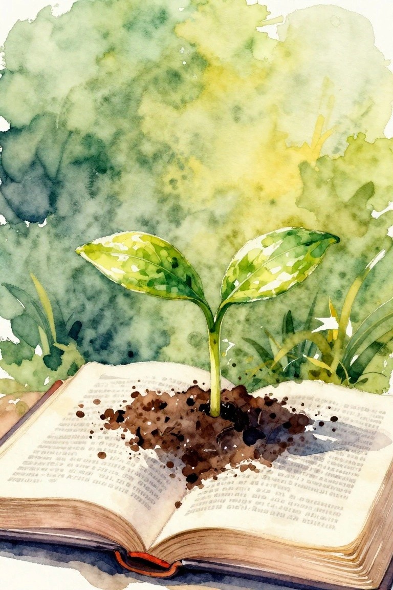 Watercolor of a green sprout growing from soil on an open book amid green leaves and grass.