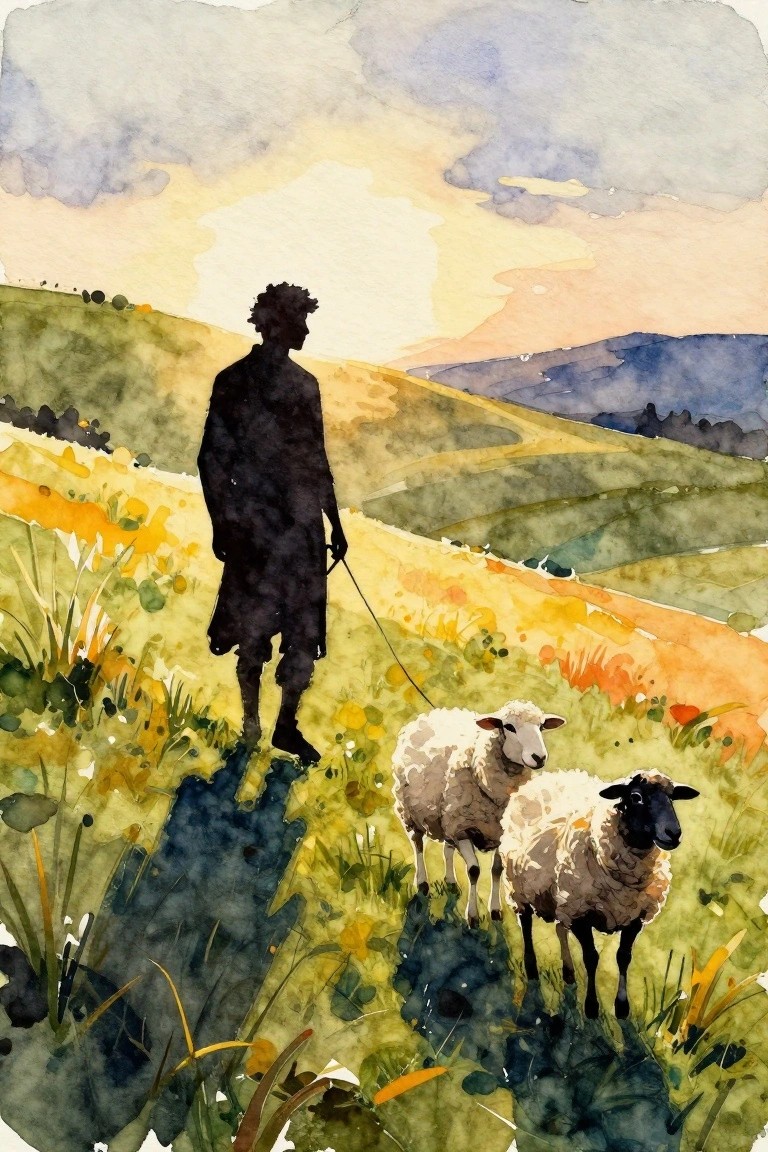 Watercolor painting of a black silhouette figure leading two white sheep on a leash across green hills under a colorful sunset sky.