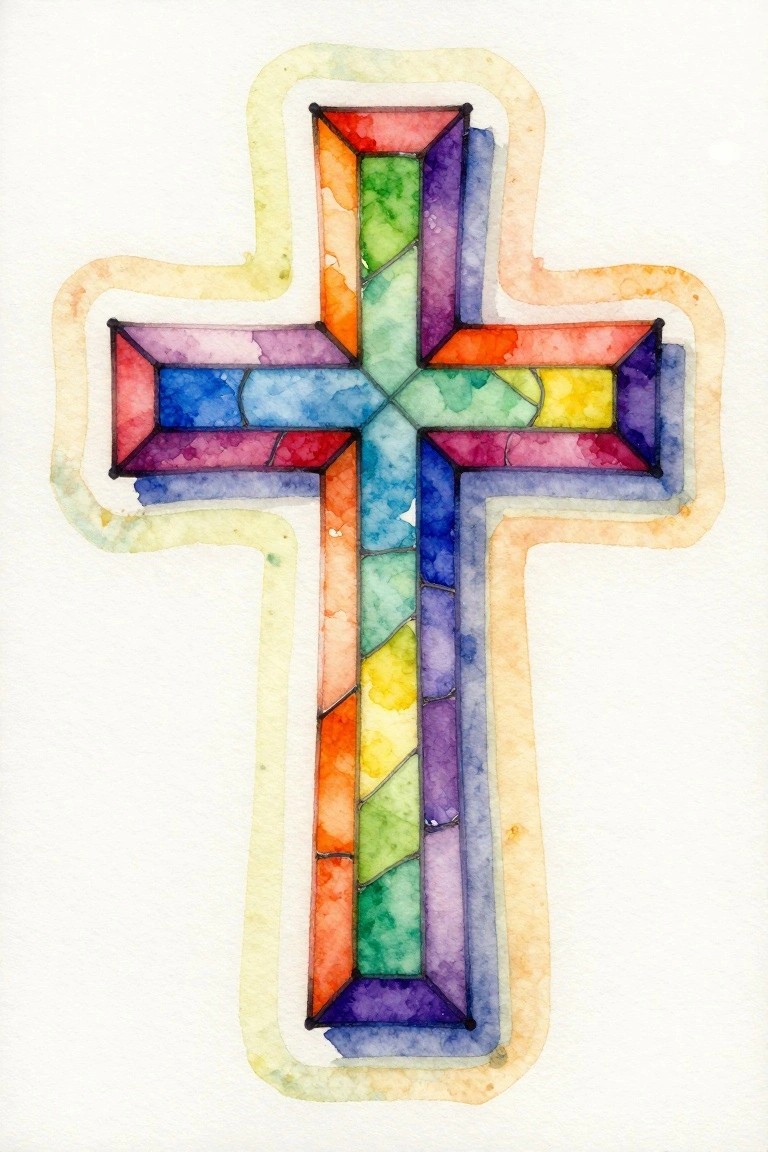 Watercolor painting of a 3D Christian cross in rainbow stained glass style on white background.