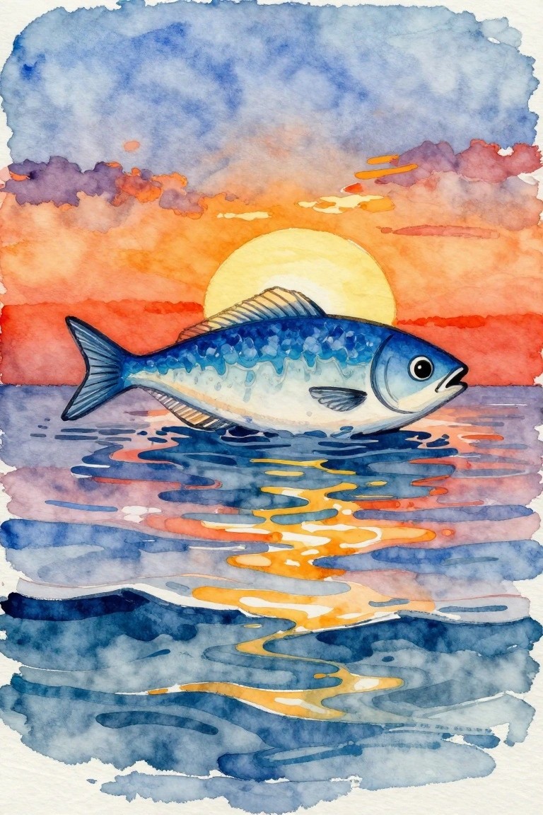 Watercolor of a blue mackerel fish on rippling water beneath an orange sunset with purple sky and golden reflections.
