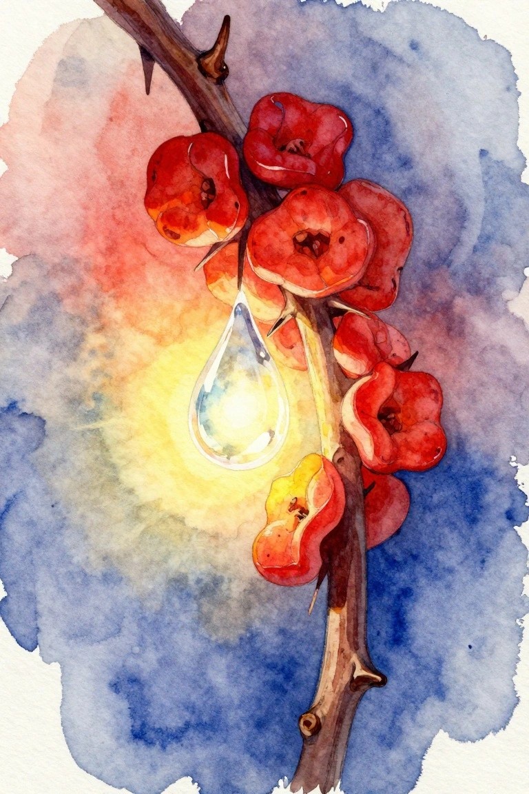 Watercolor of thorny branch with red poppy-shaped flowers and hanging glowing teardrop.